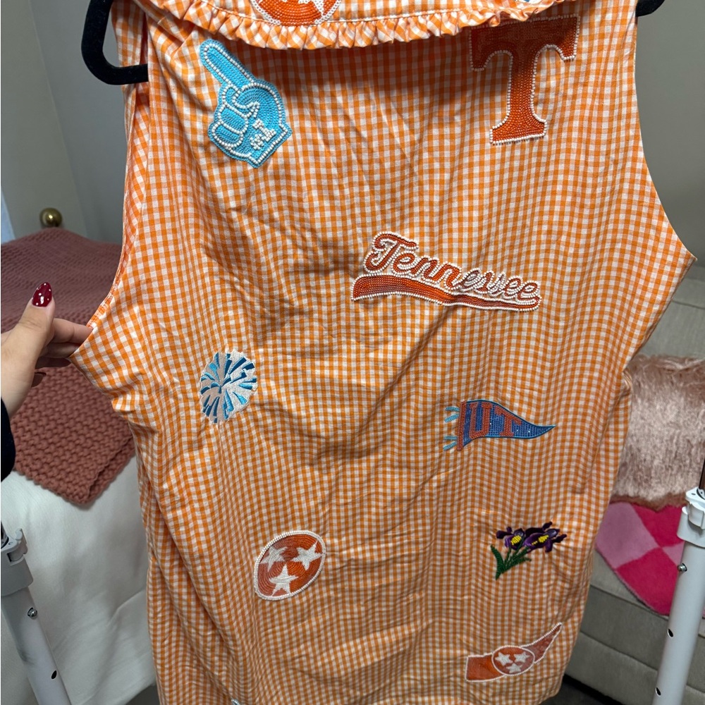 QUEEN OF SPARKLES TN Orange Gingham Apron with Blue and White Patches